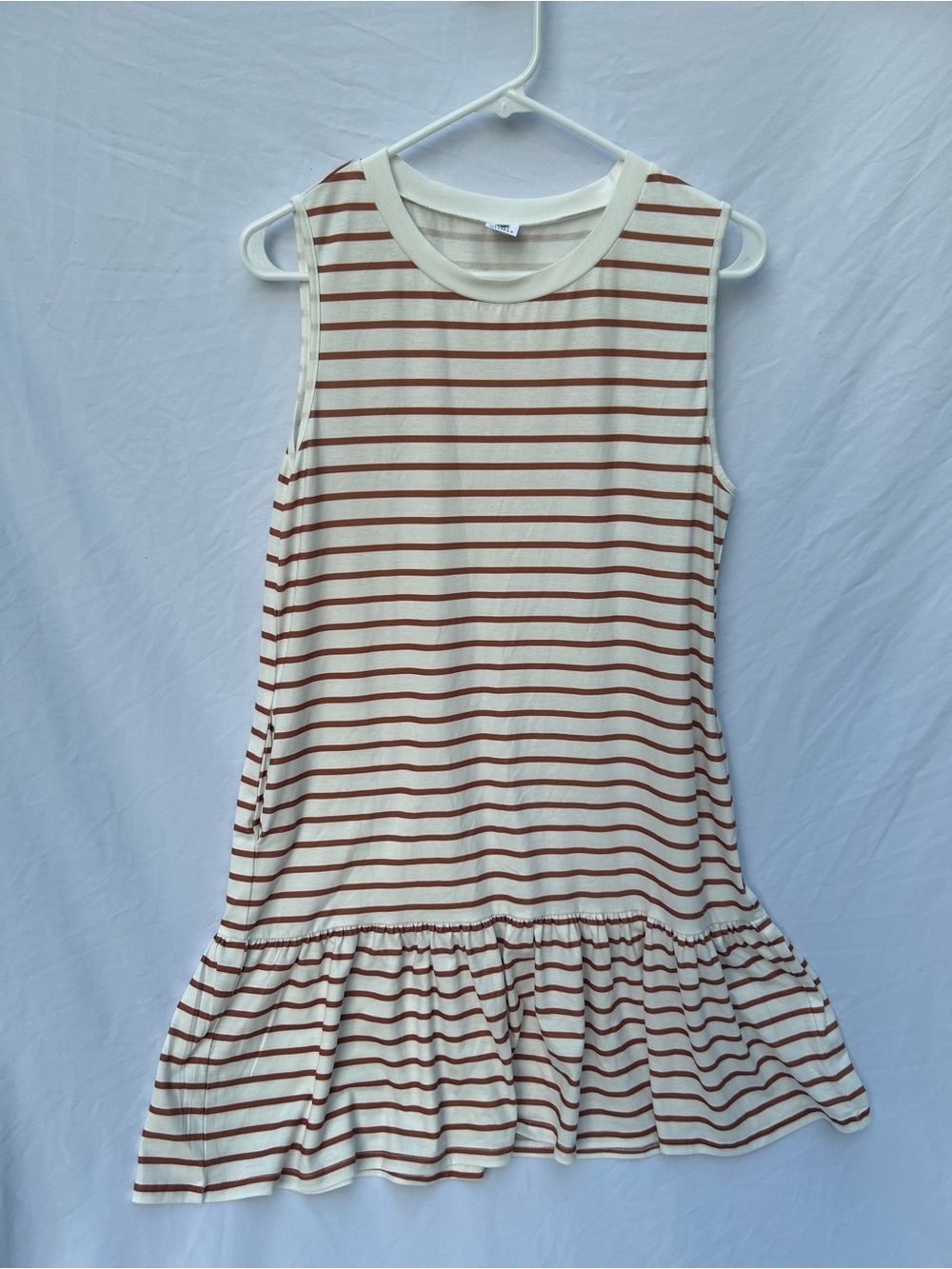 Striped Ruffle Hem casual Sleeveless  Cream & Brown cute dress 0133